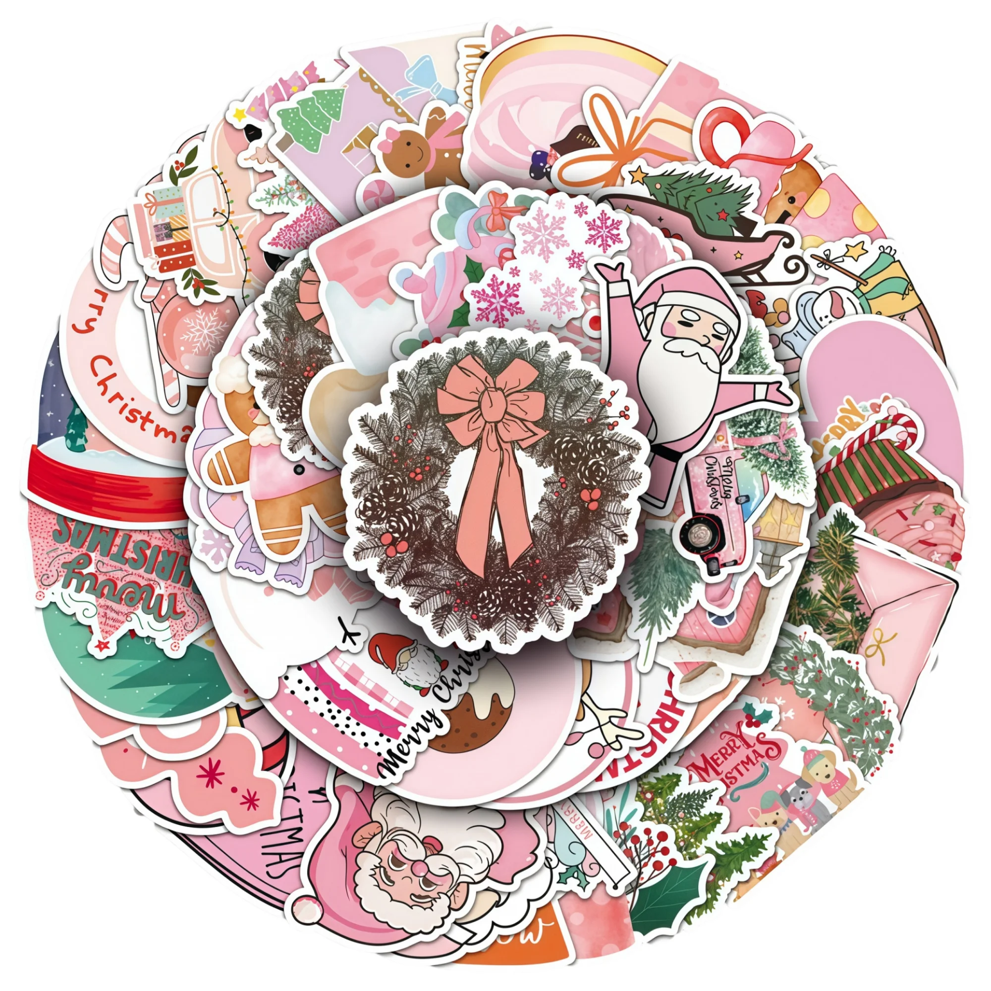 50Pcs Pink Waterproof Vinyl Decals Christmas Stickers Cute Santa Snowman for Laptop Water Bottle Luggage No Repeat