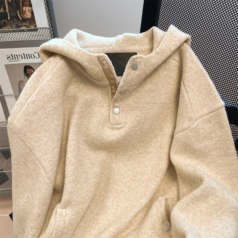 

Женские толстовки цвета хаки, большой пуловер с длинными рукавами, вязаный свитер с капюшоном, толстые теплые универсальные женские топы, рубашки