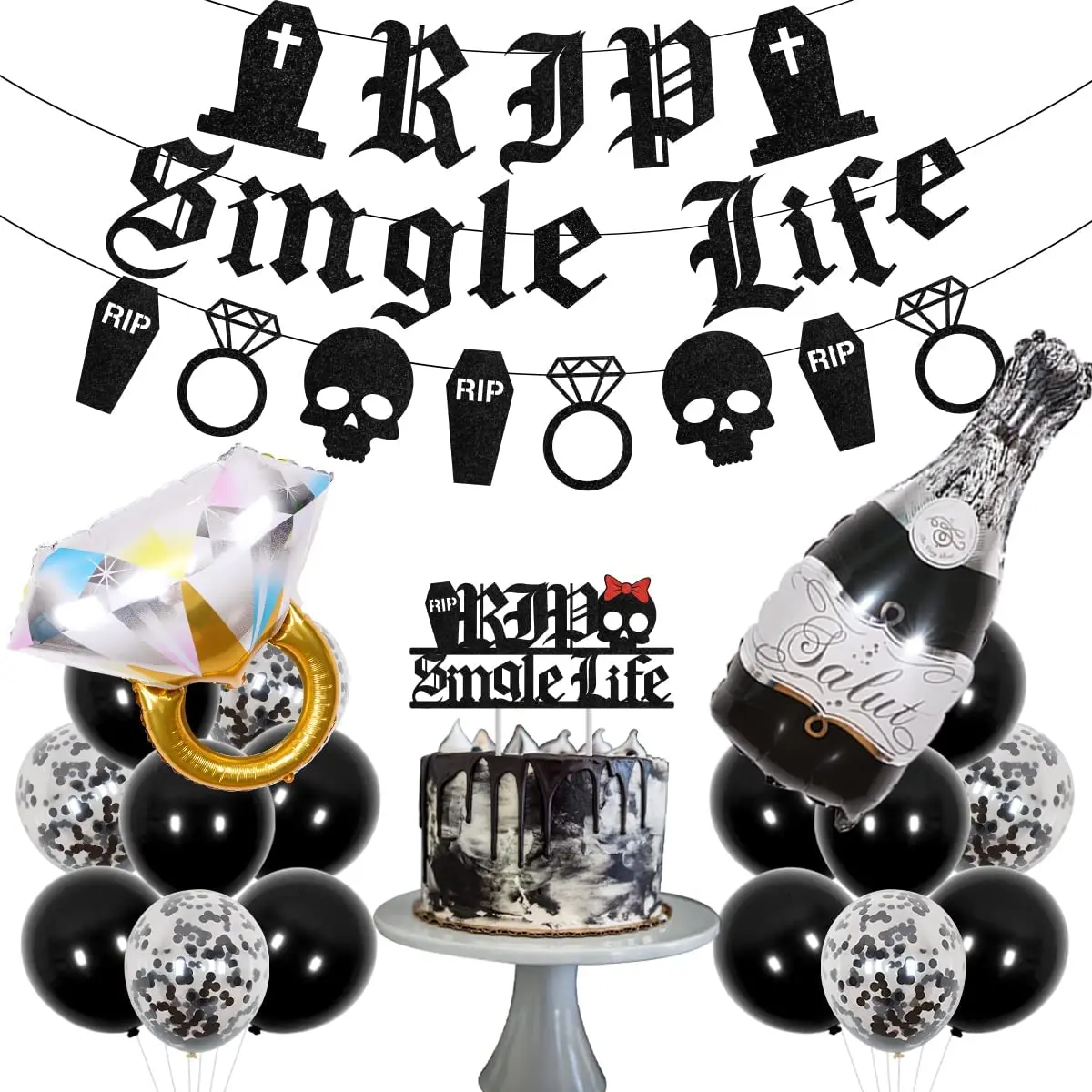 

Gothic Bachelorette Party Decorations Rip Single Life Banner Cake Topper Skull Coffin Garland Balloon Wedding Farewell Hen Bride