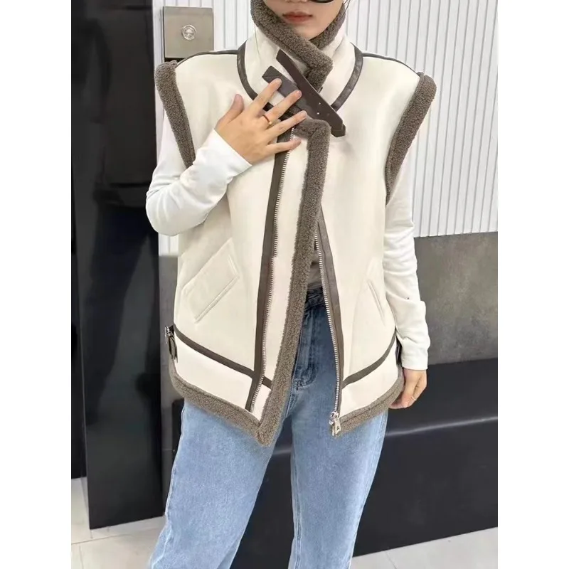 

Oversized Lamb Wool Vest Coat Women Autumn New Stand Collar Zipper Pocket Loose Outerwear Fashion Office Lady Overcoat