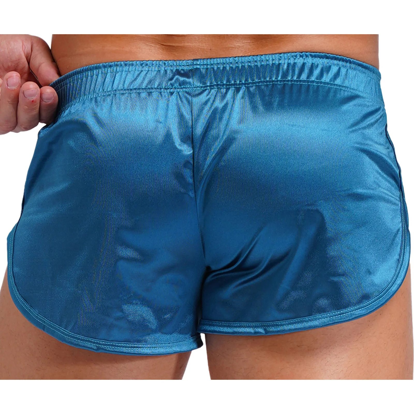 Mens Side Split Satin Swim Shorts Built-in Bulge Pouch Boxer Brief Shorts Swimming Trunks Pajama Bottoms Loungewear Homewear