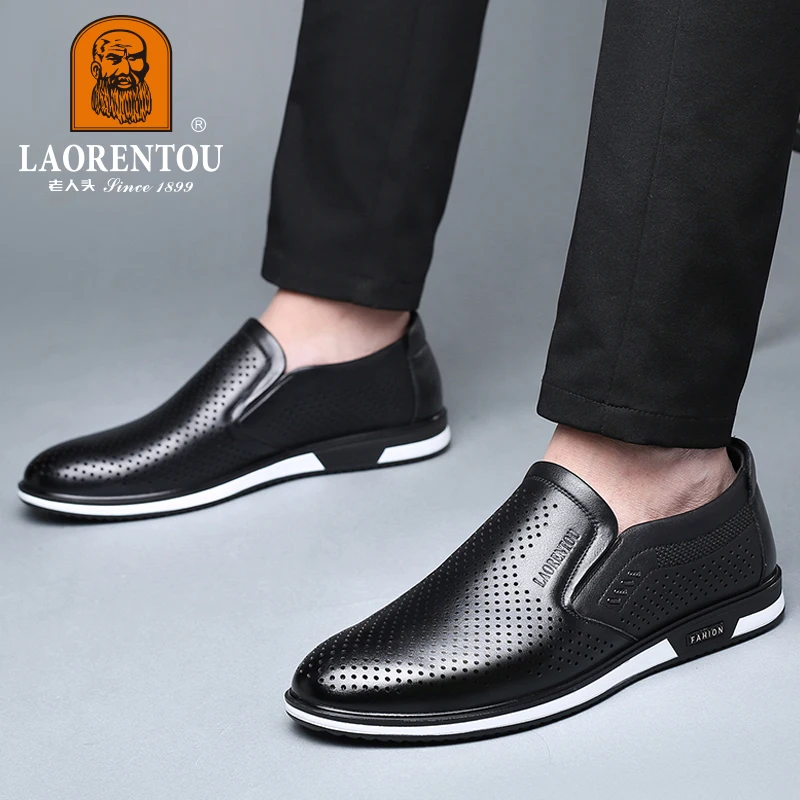 LAORENTOU summer 2024 New White Leather Shoes Hollow Breathable Genuine Leather Casual Men\'s Shoes Small White Shoes 95268