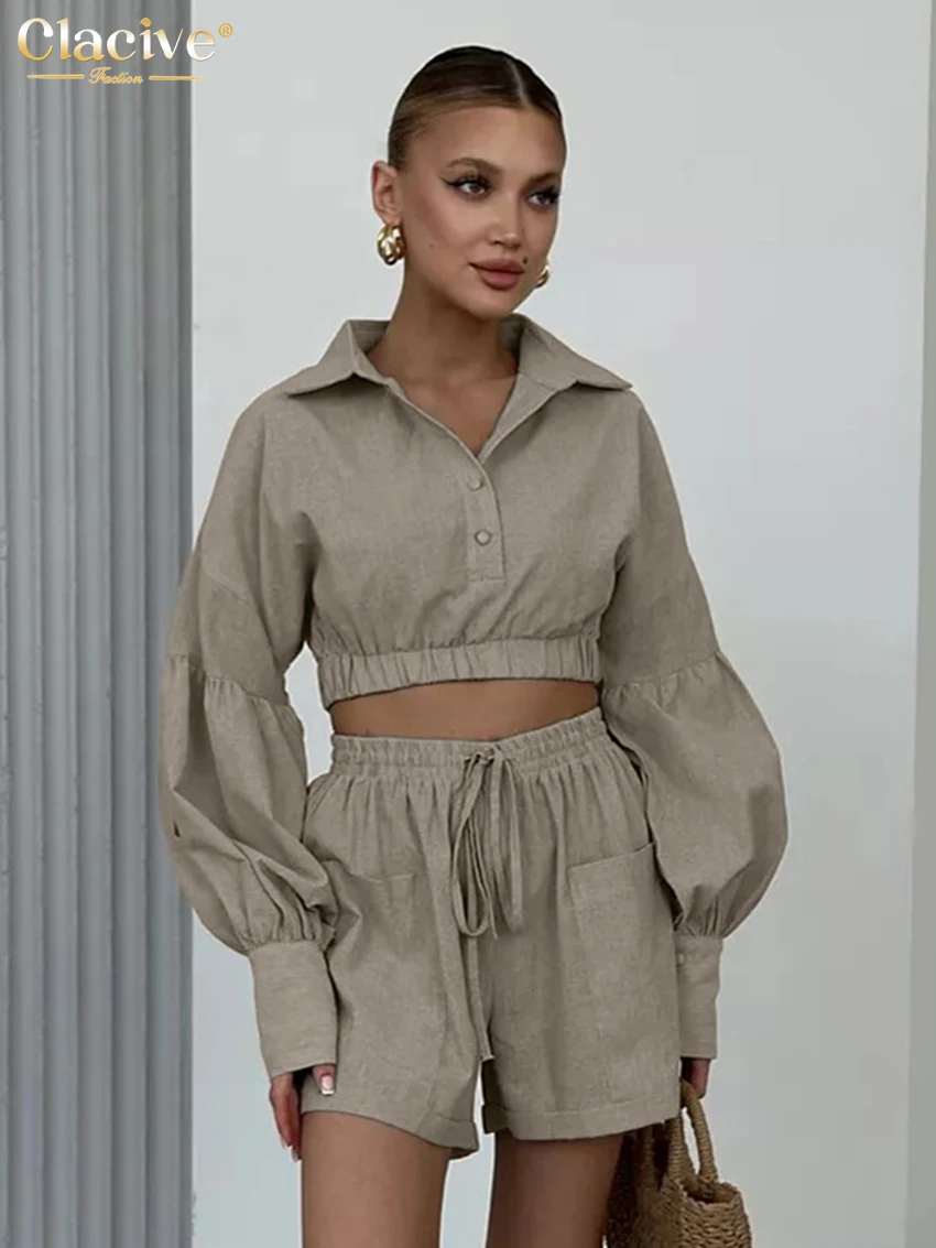 

Clacive Fashion Loose Khaki Cotton 2 Piece Sets Women Outfit 2025 Elegant Long Sleeve Crop Top With High Waist Shorts Set Female