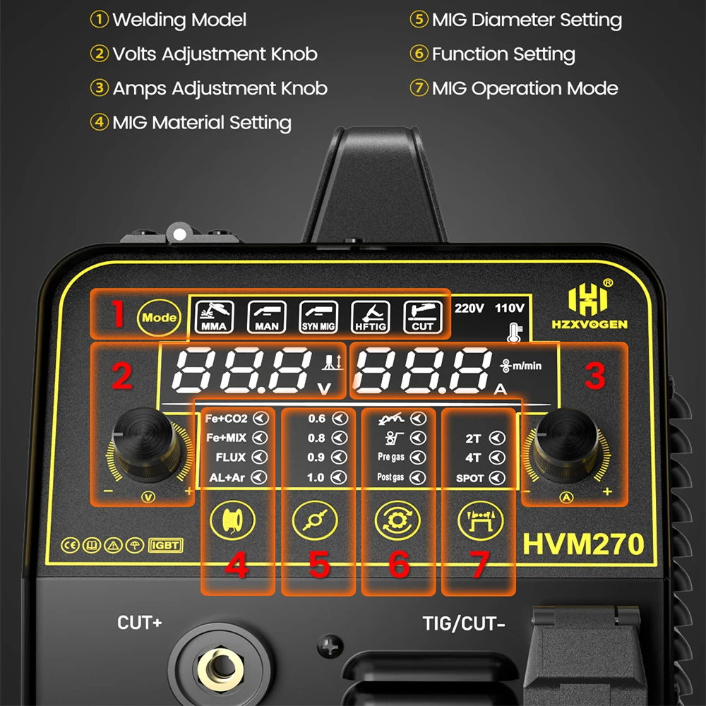 Imagem -03 - Hzxvogen Máquina de Solda de Alumínio Soldador do Inversor Corte de Gás Mig hf Tig Mma Tela Digital 2t 4t 270a em Aço Inoxidável