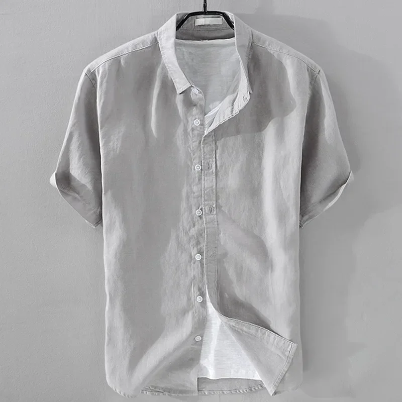 Pure Linen Short Sleeve Shirt For Men Casual Summer Half Sleeve Cotton Linen Fabric White Color Men\'s Wear Top