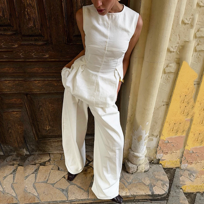 

Linad Элегантный топ с круглым вырезом и рюшами и широкими брюками, комплекты из двух предметов, женские весенние повседневные белые майки без рукавов 2026