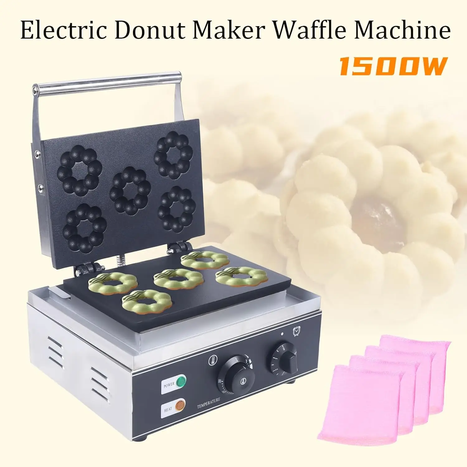 صانعة حلوى الدونات 1500 واط آلة خبز الوافل مجموعة تجارية 5 دونات صانع الوافل أطباق غير لاصقة قابلة للفصل الحلوى تو