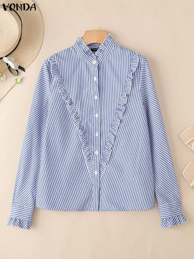 

ZANZEA Korean Style Shirts Autumn Long Sleeve Stripe Blusas Women Ruffled Tops 2025 Fashion Casual Loose Stand Collar Tunic