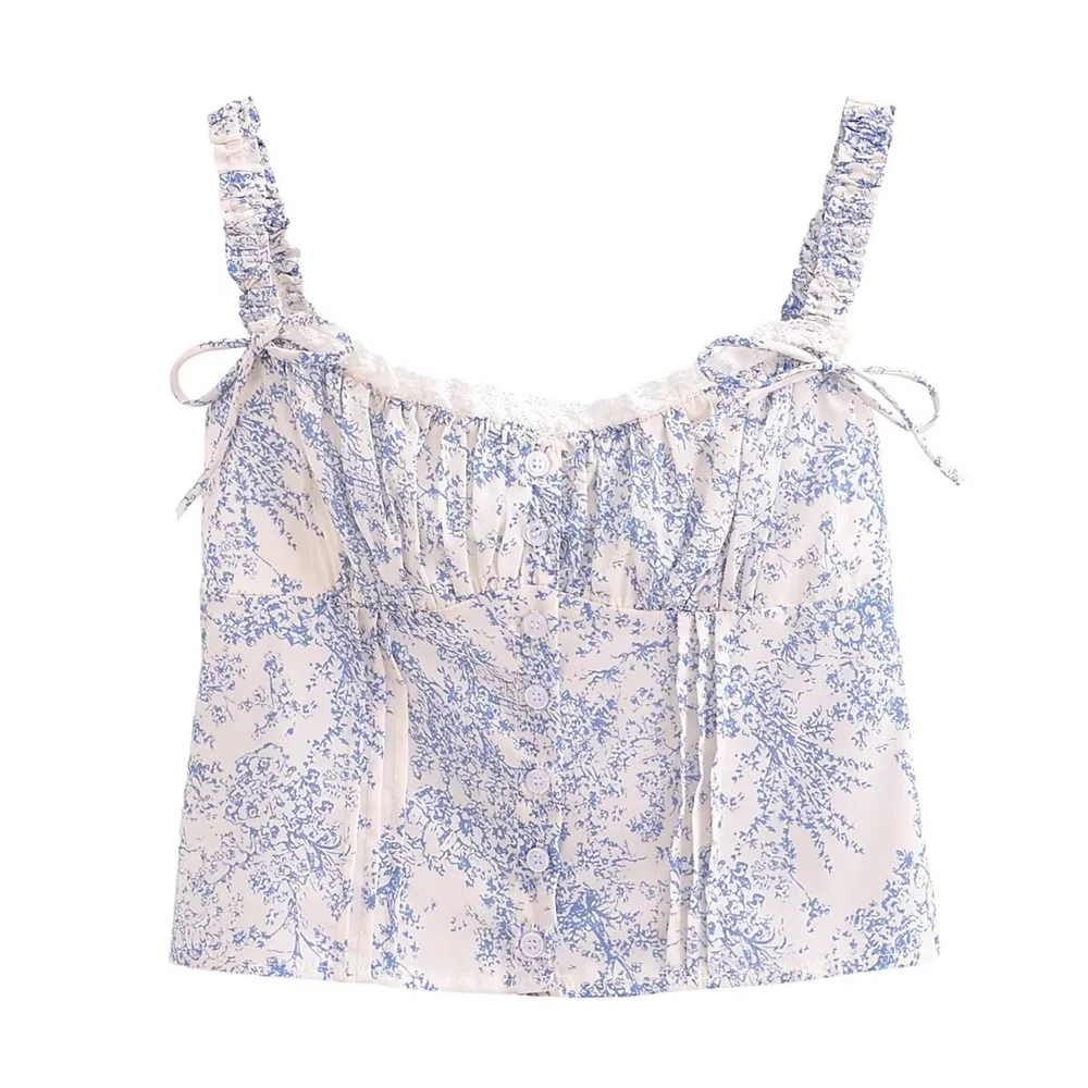 Zach Ailsa 2024 Summer New Women's Fashion Versatile Square Neck Sleeveless Fragmented Flower Print Short Suspended Strap Top