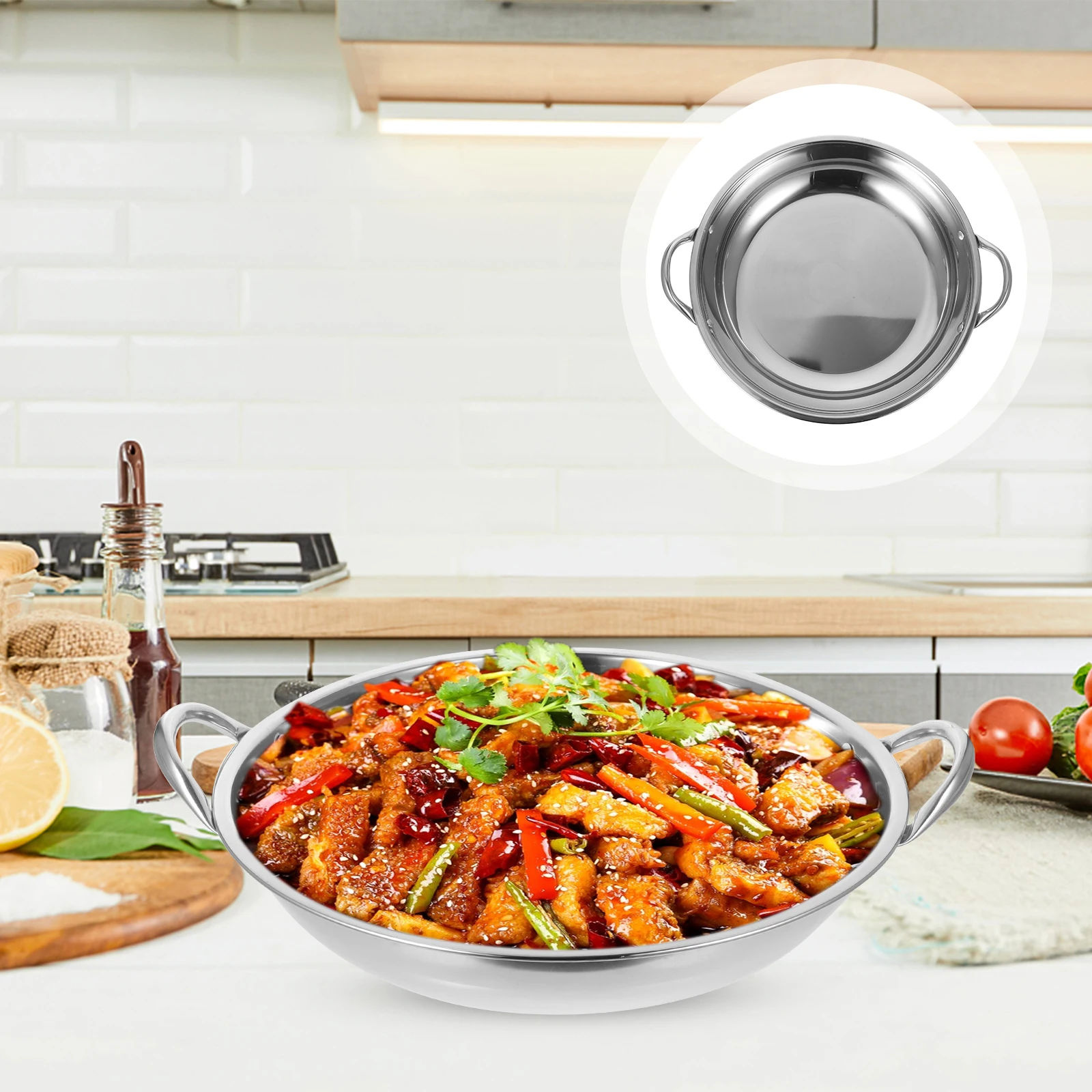 

Stainless Steel Hot Korean Ramen Pot Kitchen Cookware Seafood Dry Pot Large Cooking Pan Double Handle Heat Resistant