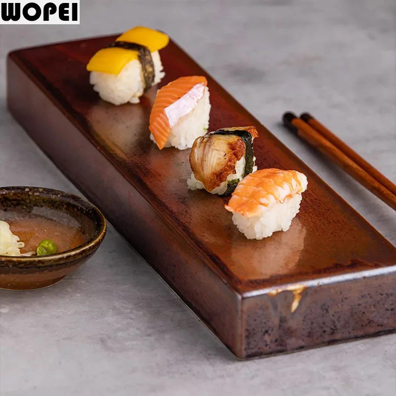 Kiln Changes Porcelain Sushi Plate Rectangular Plate Dim Sum Dessert Plate Molecular Cuisine Display Plates Restaurant Tableware