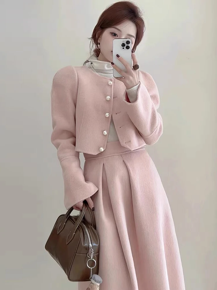 

Clothland женский стильный розовый шерстяной костюм куртка с длинными рукавами пальто миди юбки на молнии толстый женский модный комплект из двух предметов TA658