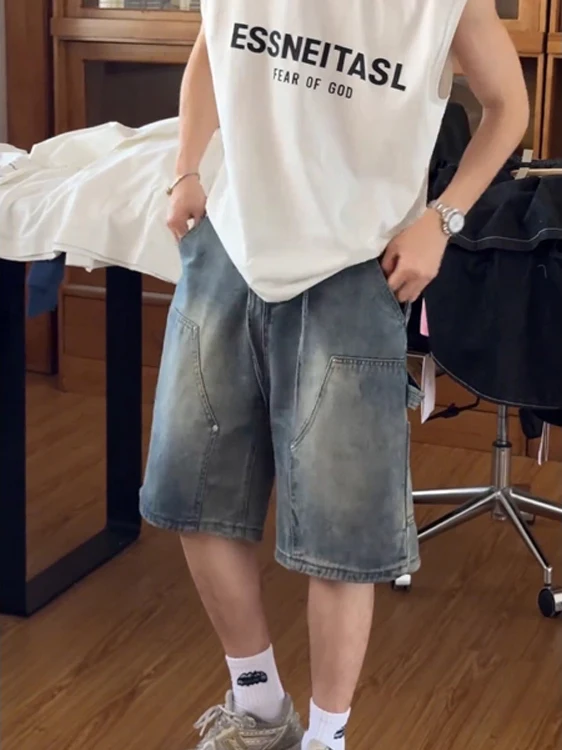 

American Sle Retro Waed Workwear Denim orts Men Summer Cool Ins Loose Wide Leg Five Parts Pants Straight Leg Jeans