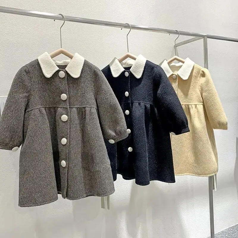 Baby and Girls' Overcoat Autumn/Winter New Single breasted Collar Woolen Coat Children's Medium to Long Warm Coat