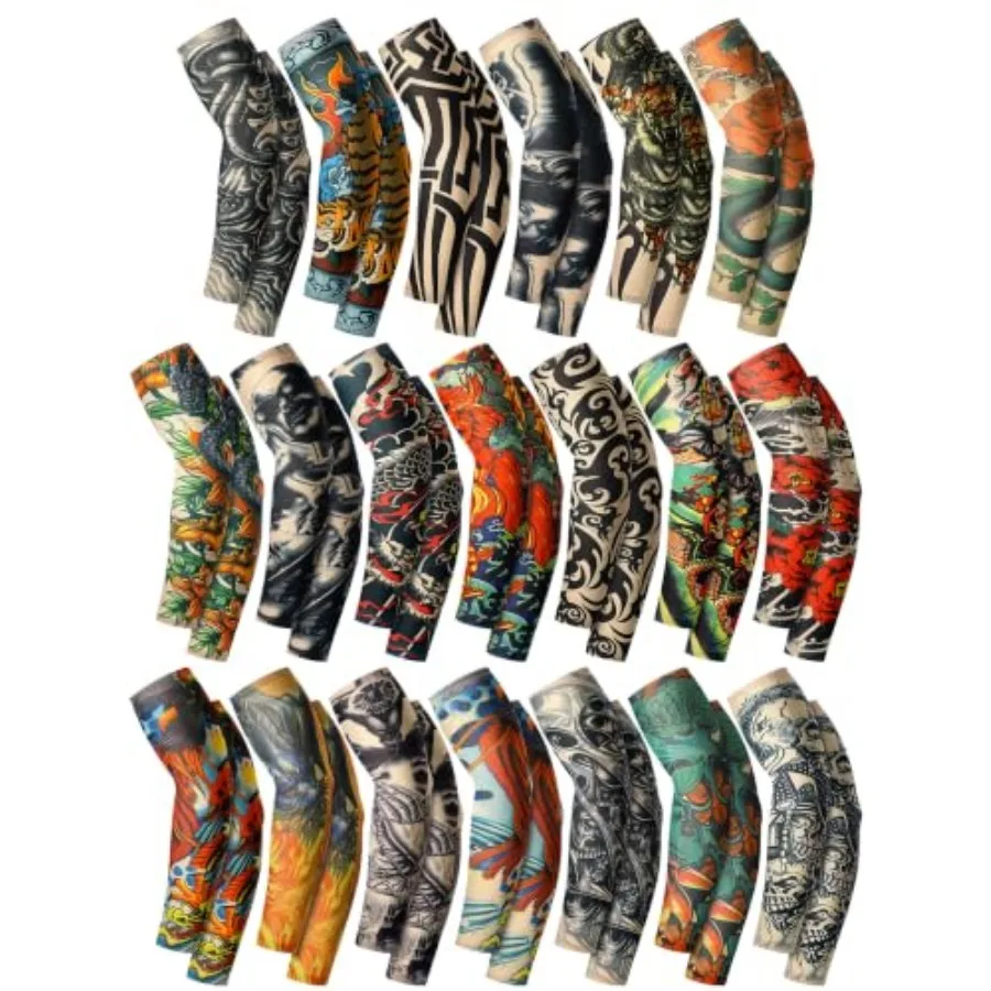 Boao 40 Pcs Cooling Arm Sleeves for Men Long Fingerless Arm Cover Anti Slip UV Protection Sun Temporary Tattoo Sleeves