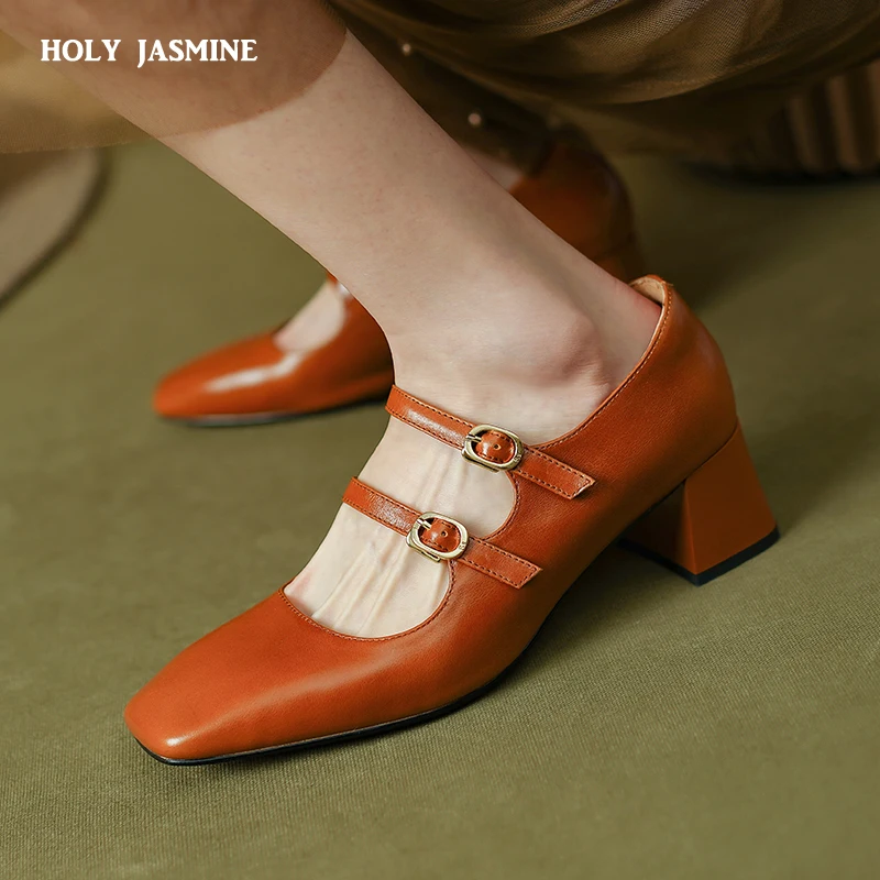 2024 New Fashion Mary Jane Pumps High Heels Buckles Party Wedding Shoes Genuine Leather Shoes Woman Square Toe Prom Pumps