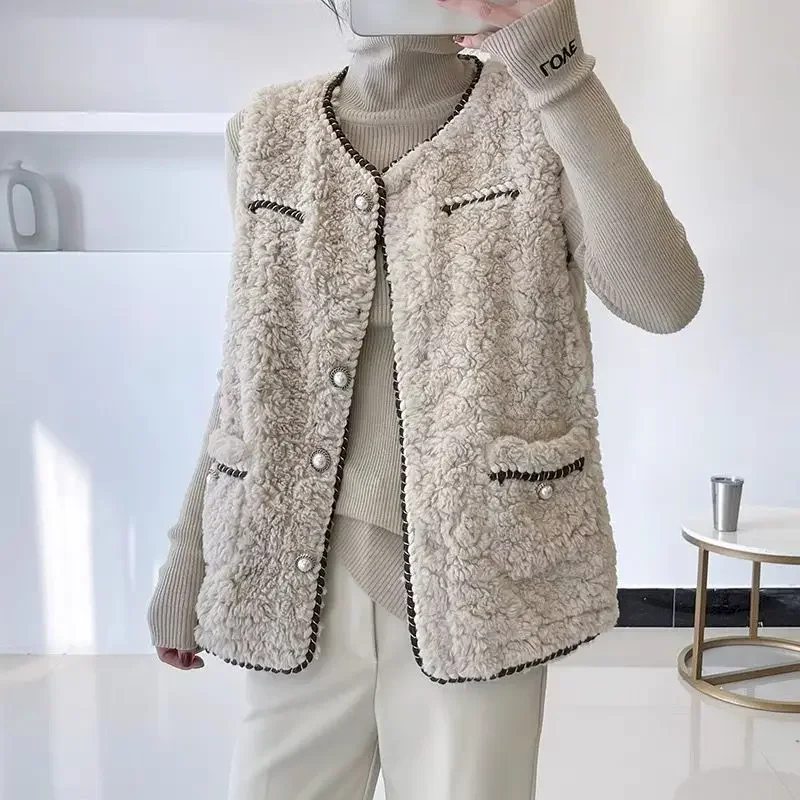 

Fashion Lamb Wool Vest Coats Women Autumn Winter Trendy Waistcoat Korean Style Loose Outer Wear Fur Vest Jacket Womens Clothes