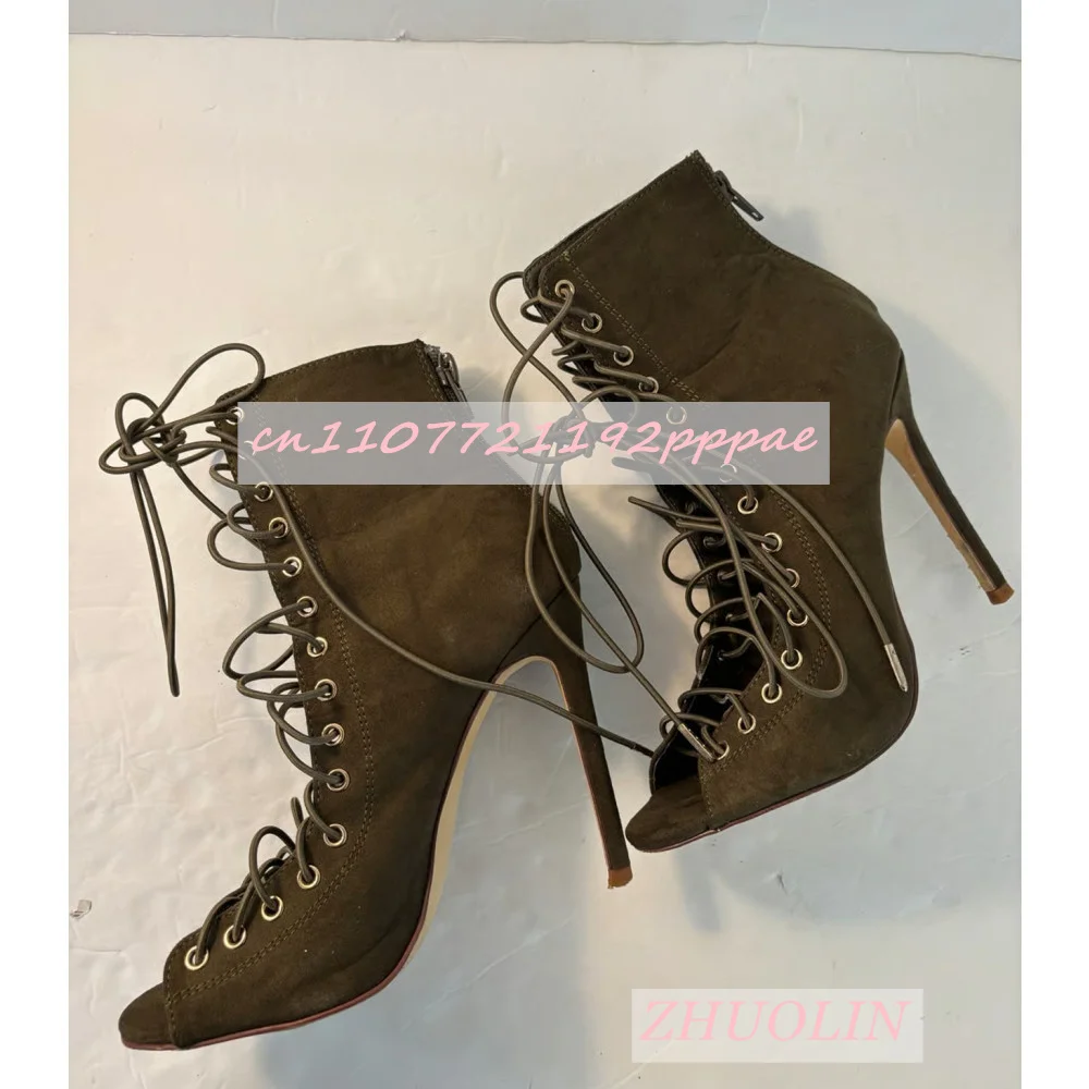 

Olive Green Suede Corset Stiletto Lace-Up Bootie Women'S Open-Toe Cross Lace-Up Ankle Boots Sexy Party Back Zipper Sandals Boots