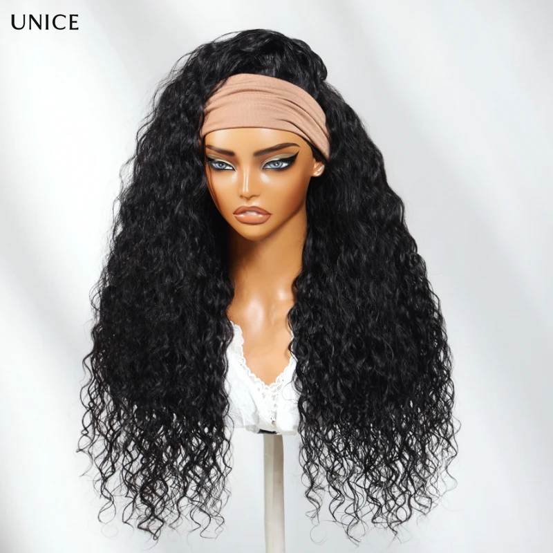 Unice Water Wave Wig HeadBand With Drawstring Cap 100% Human Hair Glueless Flip Over Wig No Leave Out