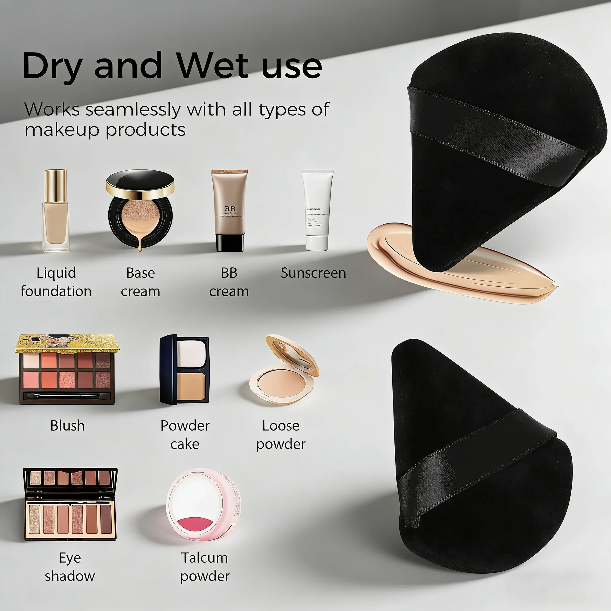 10 szt. Czarnych Trójkątnych Gąbeczek do Makijażu, Aksamitne Gąbki do Rozprowadzania Podkładu, Miękkie Kosmetyczne Blendery do Twarzy, Zestaw Narzędzi do Makijażu