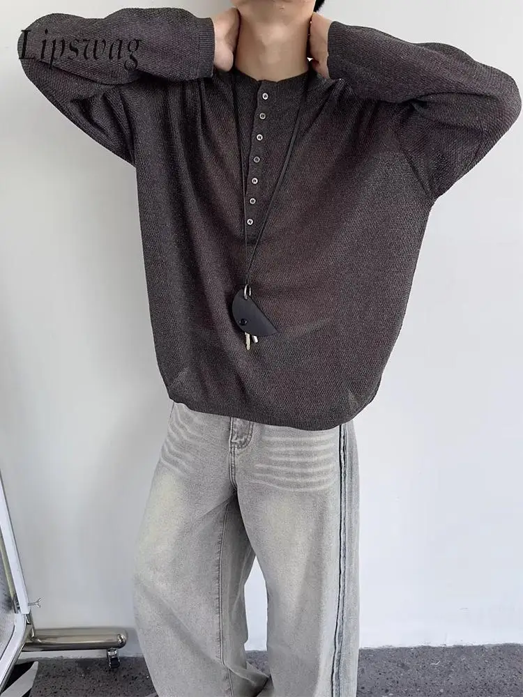 

Vintage Mens Button-up Henley Shirt Knitting Hollow Out Long Sleeve Slim Jumpers Men Spring Autumn Stylish Solid Color Sweaters