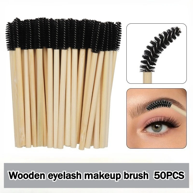 ‌ แปรงปัดขนตาแบบใช้แล้วทิ้งด้ามไม้ไผ่ 50 ชิ้น - หัวมาสคาร่าซิลิโคนแบบใช้ซ้ำได้สำหรับคิ้วและต่อขนตา อุปกรณ์แต่งหน้า
