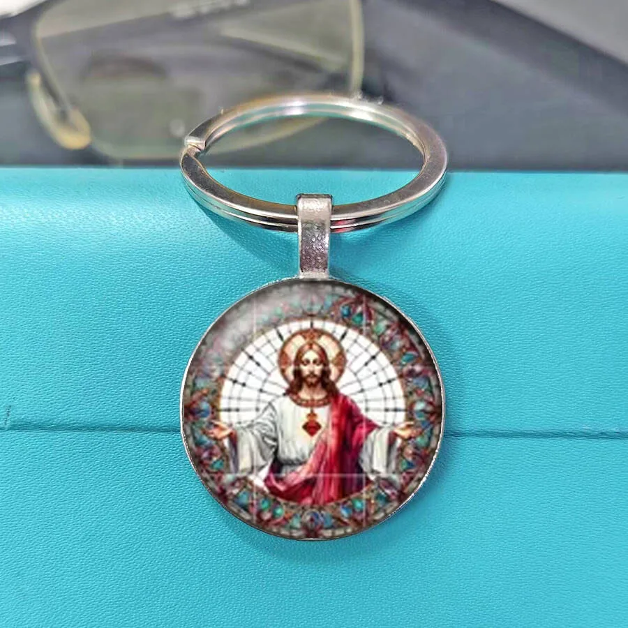 Porte-clés en verre teinté avec scène de miracle de Jésus et ses disciples, paysage biblique, porte-clés religieux en verre