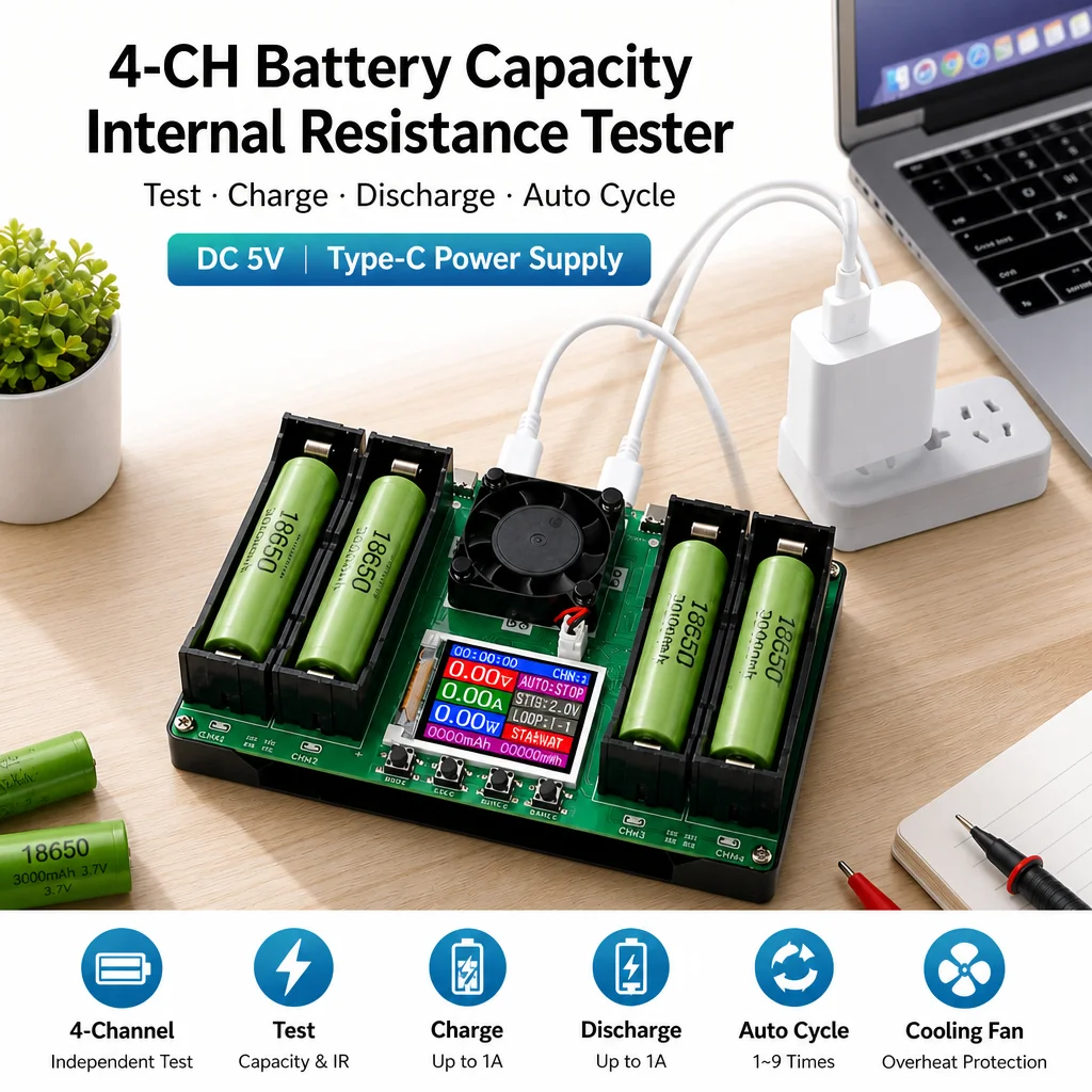 18650 Type-C LCD 4 Channel Display Battery Capacity Tester MAh Lithium Digital Battery Detection Module For Battery Testing