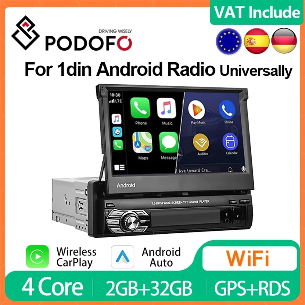 Podofo 1din CarPlay Android Radio Car Multimedia Player Intelligent System Stereo Receiver Head Unit For Ford Toyota Nissan BMW