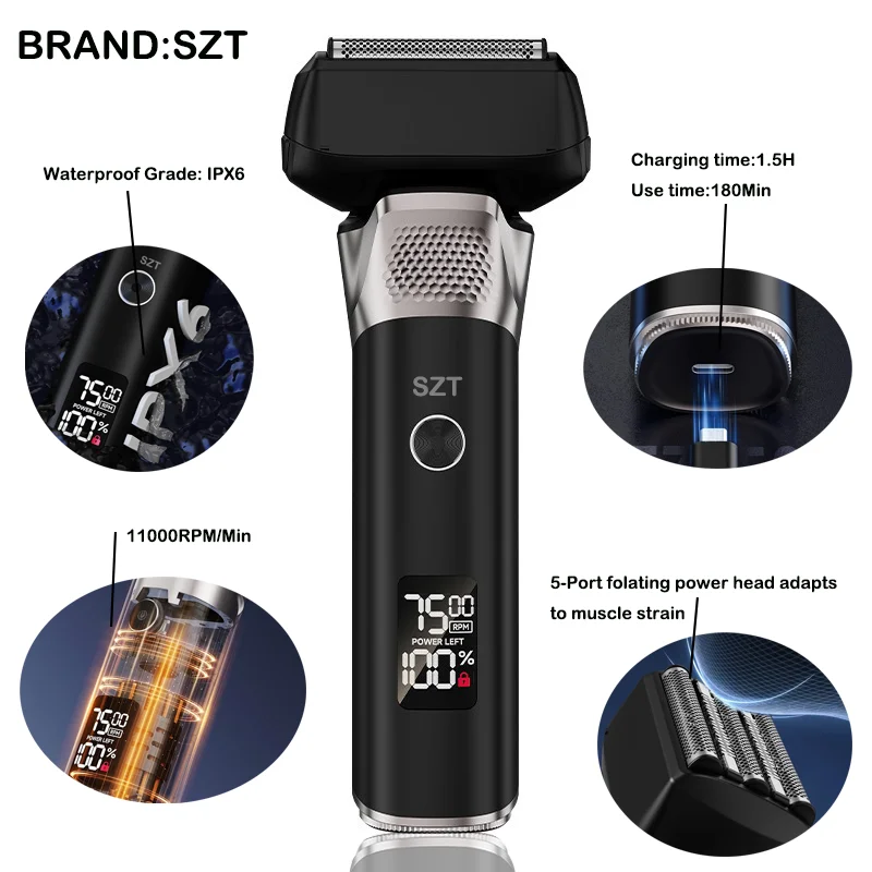 Jason Recommended Five Blade Reciprocating Electric Shaver 11000RPM Digital Washing Beard Razor High-Power Men's Shaving Razor