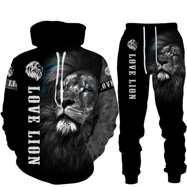 Plus Size Men\'s 3D Lion Print Hoodie Pant Suit Casual Hooded Sweatshirt Sweatpants Set For Summer Autumn Men\'s Clothing 2pcs Set