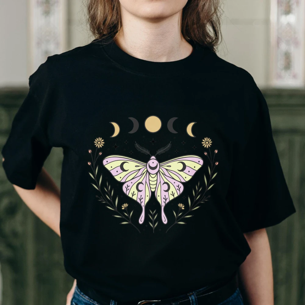Magical Insect Art on Boho Butterfly Moth Tees Celestial Boho Tops Lunar Phase Botanical Tee Mystic Culture Fans Cotton Shirt