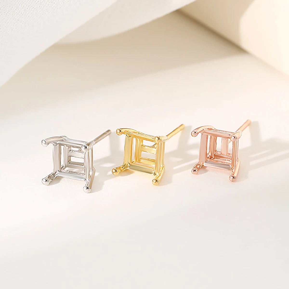 S925 Silver Four Claws Blank Base Women's Ear Studs Empty Support Fit 4/5/6/7mm Square Cabochon DIY Charm Jewelry Making