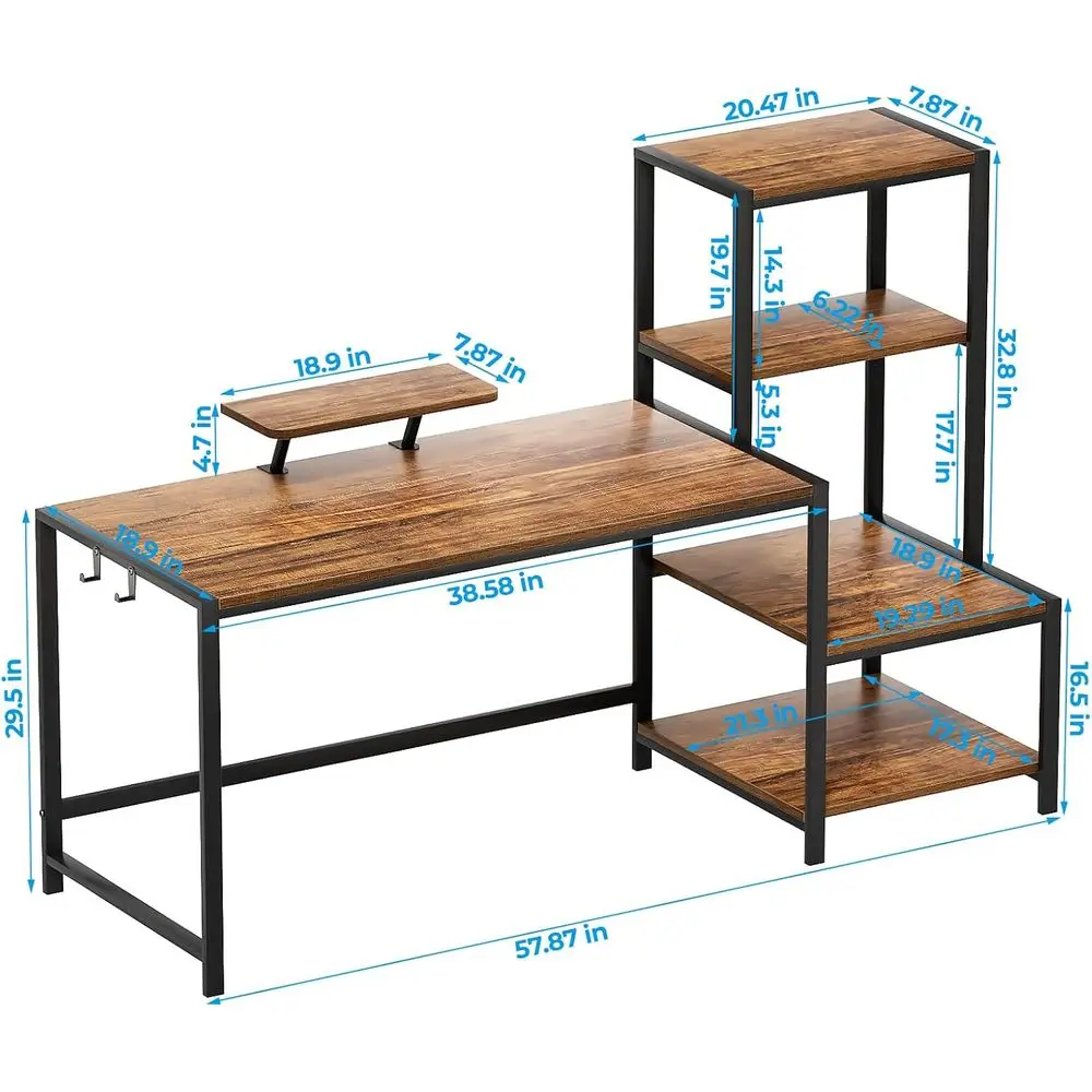 58 مكتب بني ذو وجهين مع رف وخطافات للطابعة، محطة عمل المكتب المنزلي للدراسة والكتابة والألعاب #3