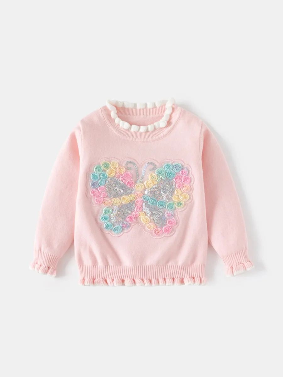 

Girls' Sparkling Sweater Butterfly Knitted Top Single Layer Cotton Thread Princess Pink Sweater Autumn Children's Clothing