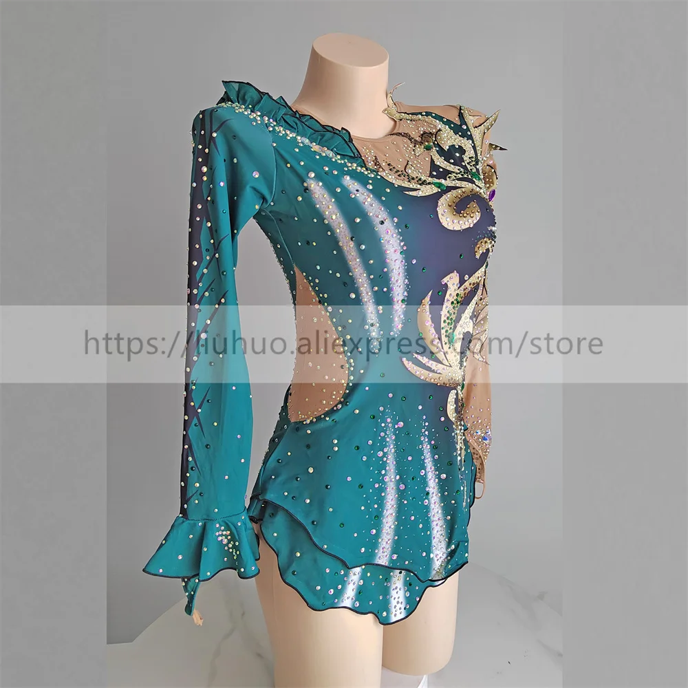 LIUHUO Women Girl Costume Performance Rhythmic Gymnastics Ballet Competition Leotard Ice Figure Skating Dress Dark Green Aldult