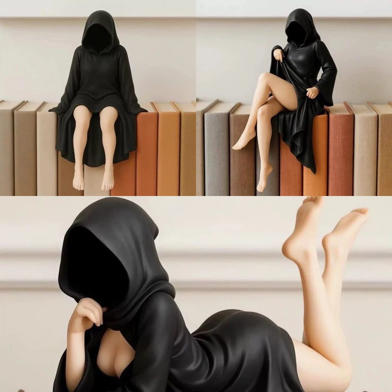 3D Printed Mysterious Lady Statue Gothic Queen Sitting Figure Black Robe Death Spooky Decorative Ornament for Desk Bookshelf