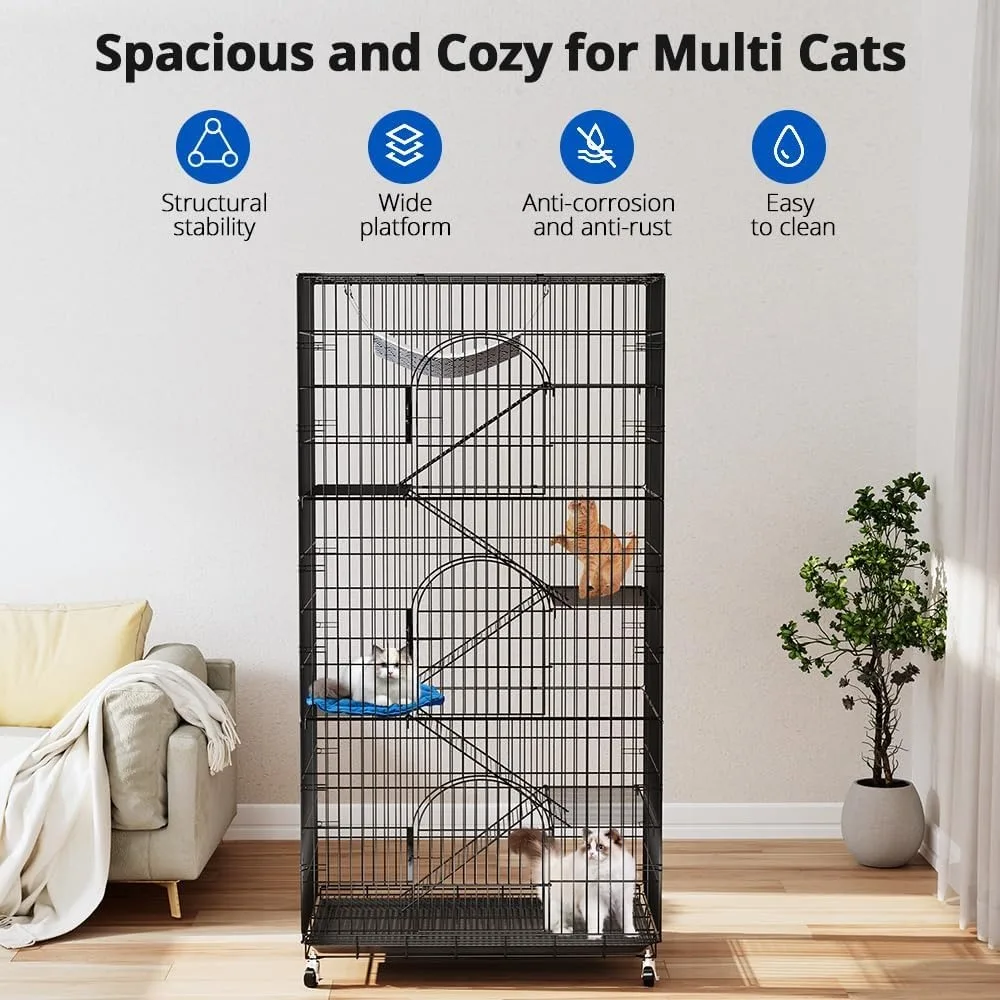Large Cat Cage Playpen, 72-inch Indoor/Outdoor Enclosure with 3 Doors, Hammock, Suitable for Cats, Kittens, and Small Animals