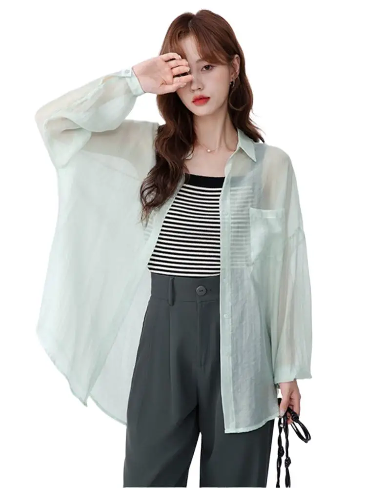 

Women Casual Solid Shirt Coat Loose Rayon Summer Sunscreen Shirt Office Air Conditioned Shirts Plus Size Blouse Tops Streetwear