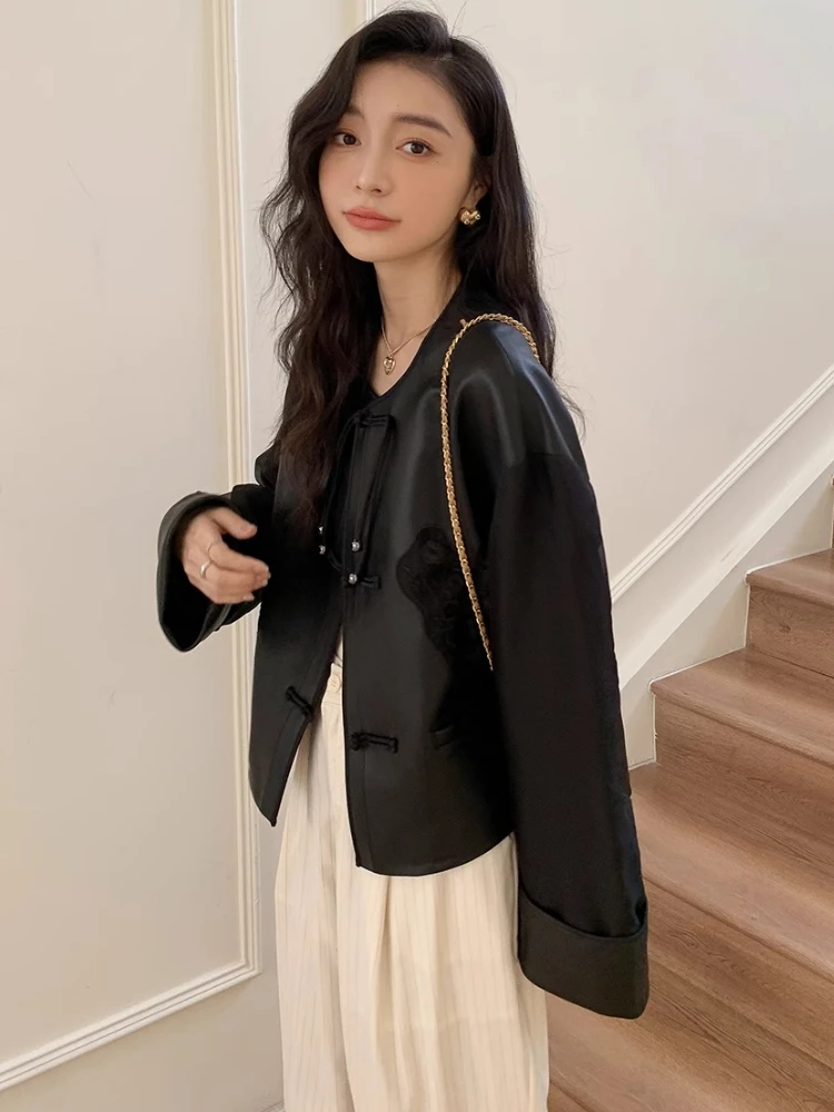 Vintage O-neck Genuine Leather Cropped Jacket Women Spring Autumn High-end Simple Patchwork Embroidery Black Real Sheepskin Coat