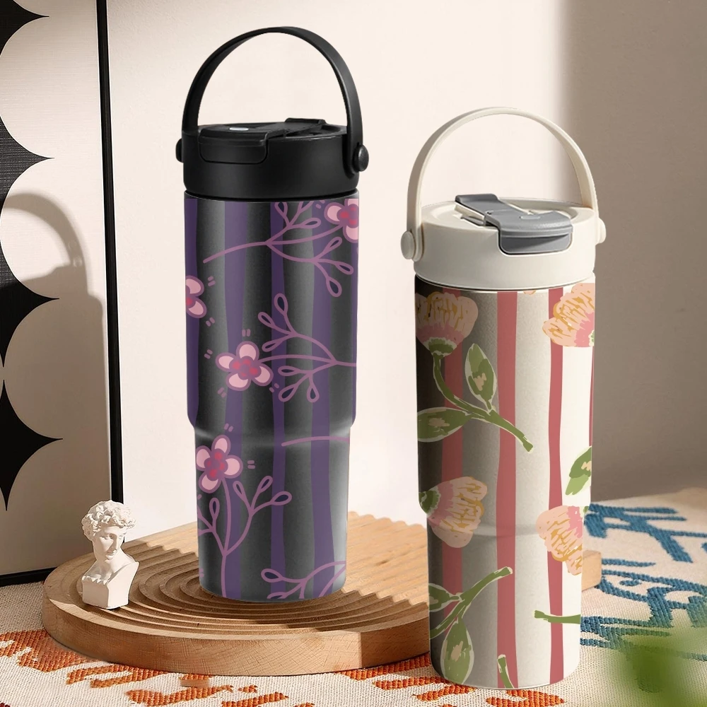 

Flower Striped Pattern Vacuum Flasks 700ml Ceramic Lined Vacuum Insulated Tumbler with Tea Infuser & Hidden Straw
