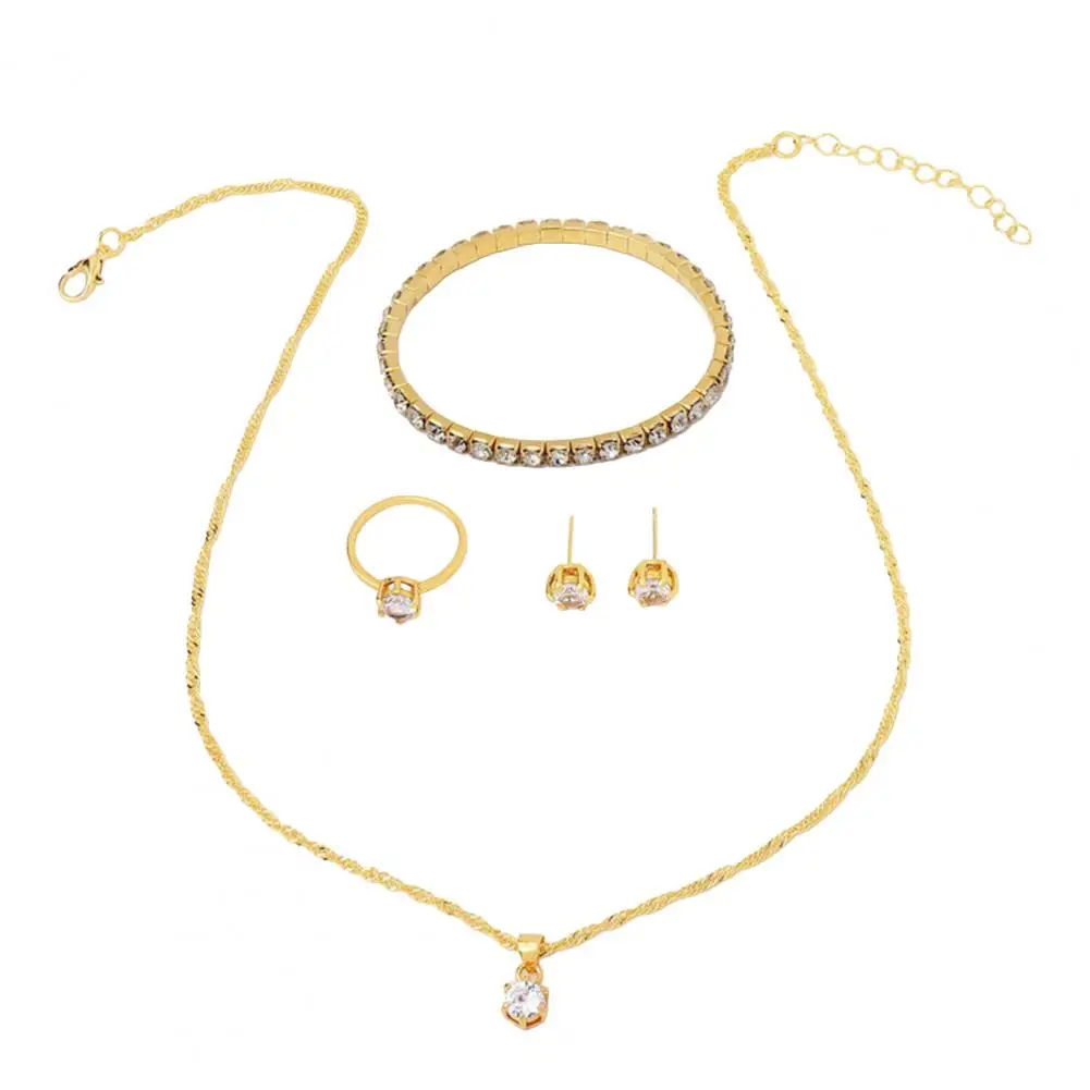 

Matching Earrings Necklace 4pcs Bridal Jewelry Set Sparkling Rhinestone Necklace Earrings Ring Bracelet Anti-oxidation