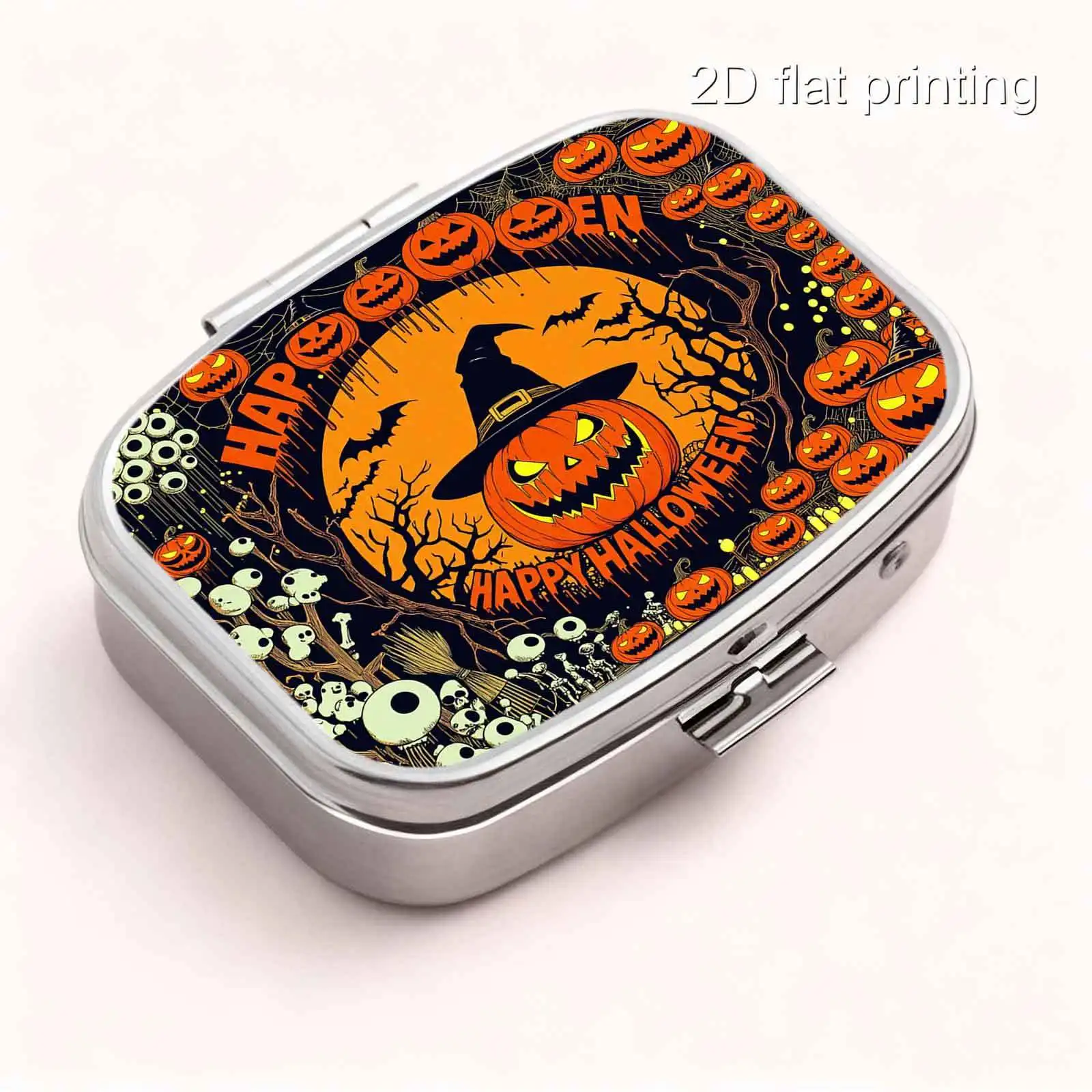 1Pc, Flat, American Retro Print Style Halloween Pumpkin, Wizard Hat, Skull, Bat, Dead Tree Halloween Illustration Pattern, Square Two-Compartment Small Pill Box, Portable Medicine Storage, Small Jewelry Storage, Suitable for Handbags or Travel, Holiday Gifts, Souvenirs, Prizes, Small Gifts, Suitable for Personal Use or as an Exquisite Gift