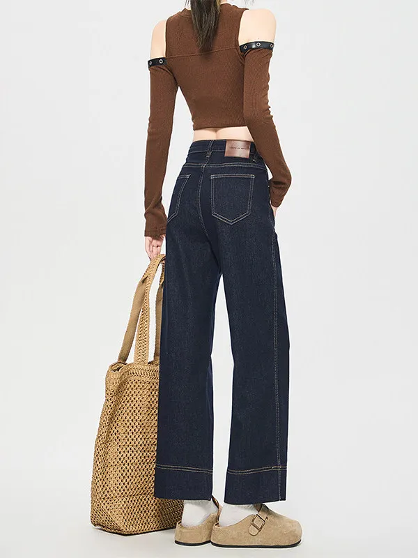 

High Waist Straight Leg Blue Jeans Women's Spring Summer New Style Slimming Versatile Skinny Tube Pants Cotton Polyester Blend