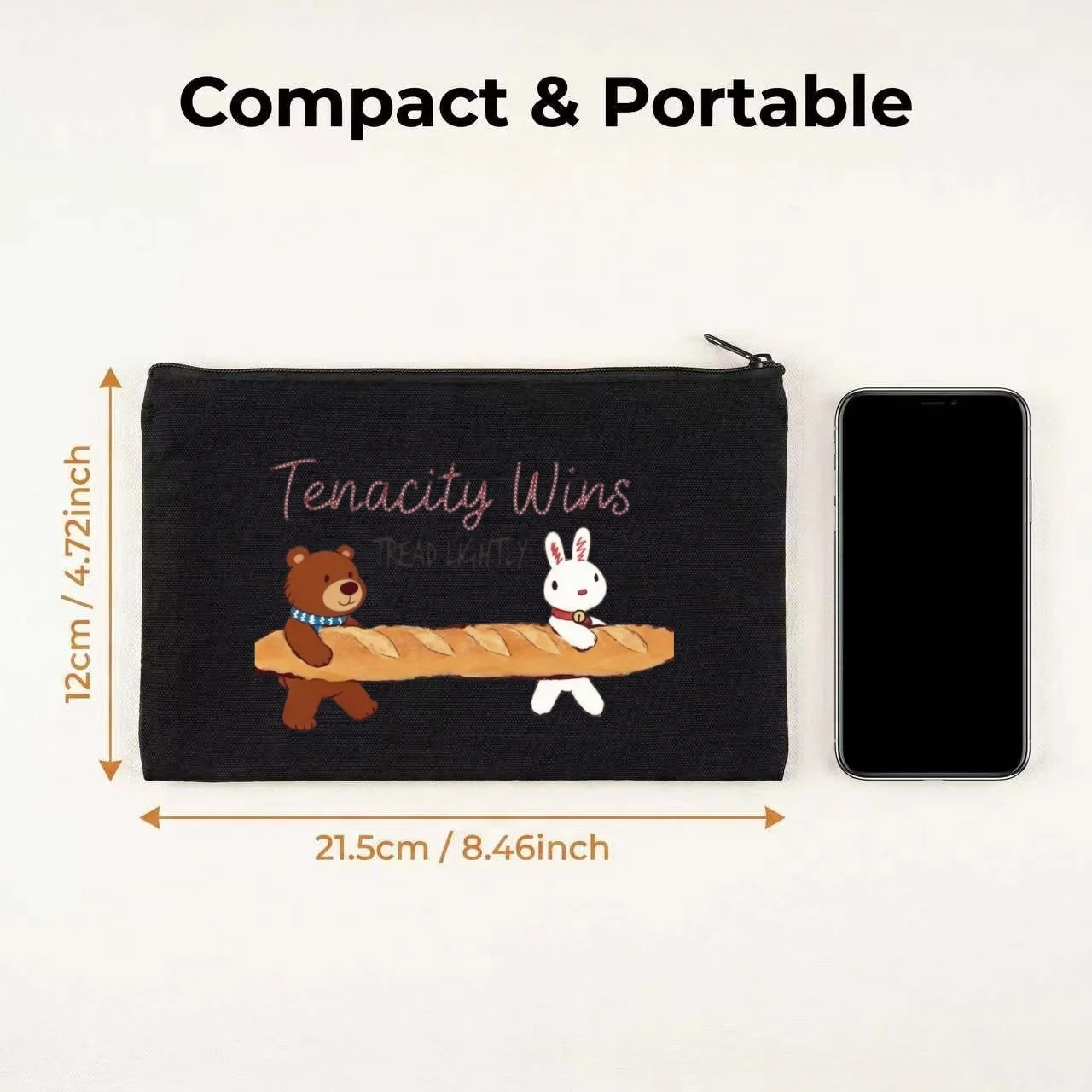 1PC Cute Bear Rabbit Baguette Tenacity Wins Quote Canvas Cosmetic Bag Double Sided Portable Travel Zipper Pouch
