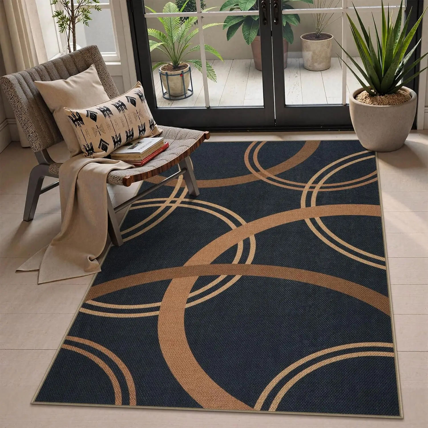 

Modern Easy Jute Black Area Rug, Geometric Circles Washable Rugs for Entryway Living Room Bedroom, Non-Slip Low Pile Indoor