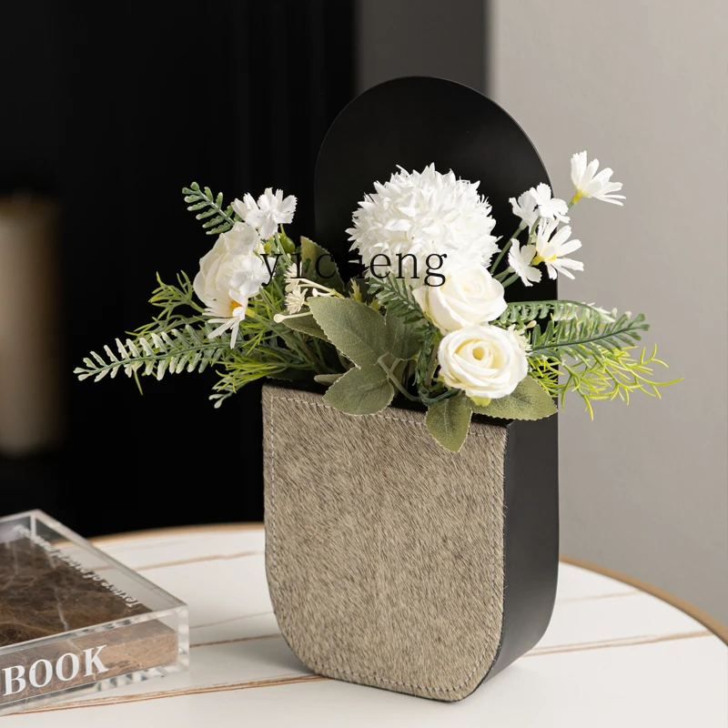 FY Horsehair Leather Metal Vase Flower Arrangement Living Room Flower Arrangement