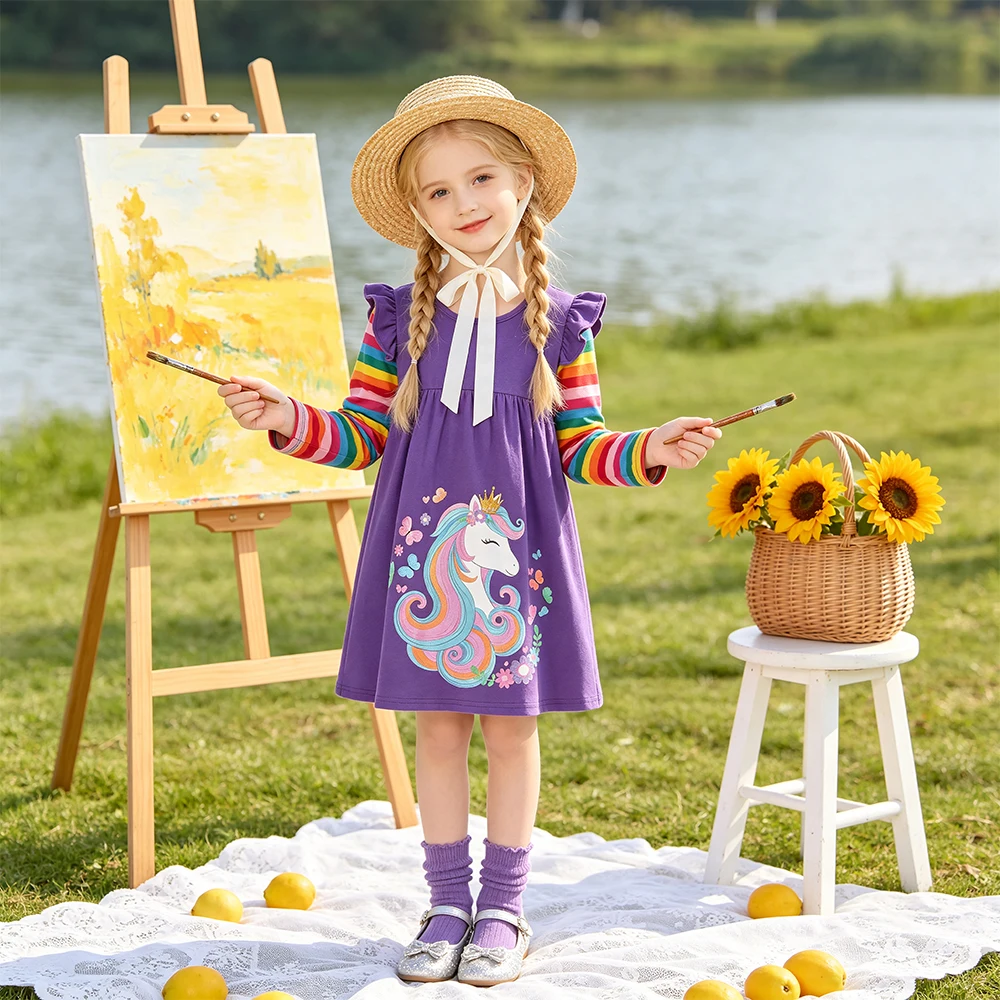 DXTON Baumwolle Kinderkleid Regenbogen Gestreift Langarm Mädchen Kleid Einhorn Cartoon Kinder Freizeitkleidung Blumen Kleinkind Kleid – Detail 2