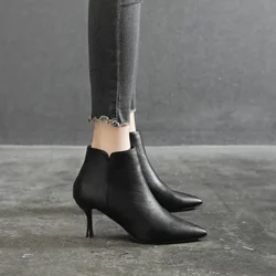 Size 31-43 2024 New Short Boots Pointed Stiletto Heels Black Ankle Boots For Women Shoes Winter