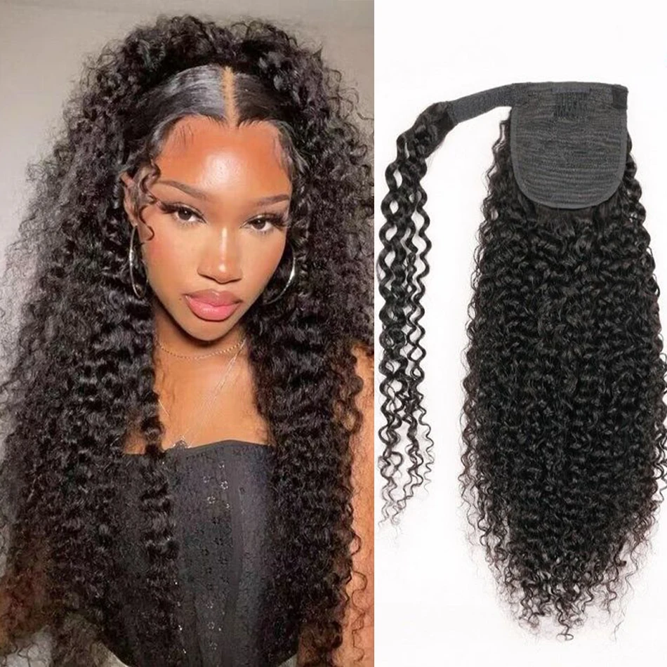 Kinky Curly Ponytail Human Hair 100g Wrap Around Clip In Hair Extension Natural Color Remy Indian Hair Body Wave Ponytails